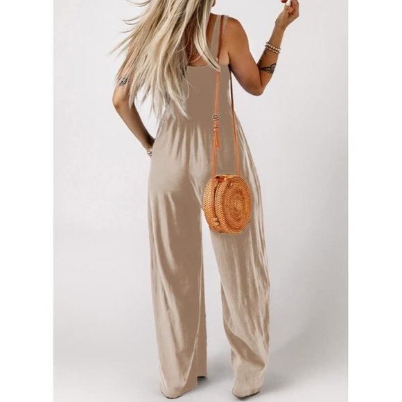 Women's Apricot One Piece Sleeveless Wide Leg Long Pant Rompers With Pockets - Picture 5 of 6
